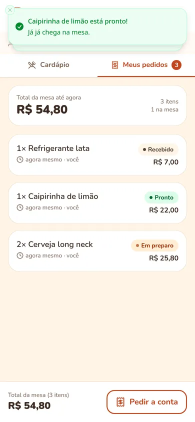 Tela Meus pedidos com status ao vivo